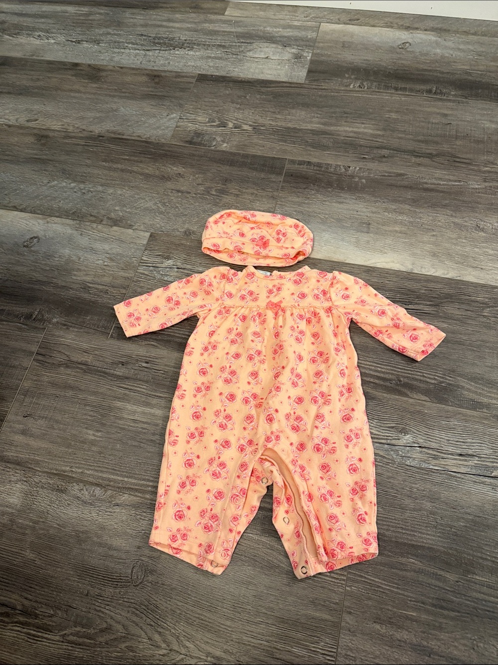 Honey Pot Peach Floral Baby One-Piece with Matching Hat